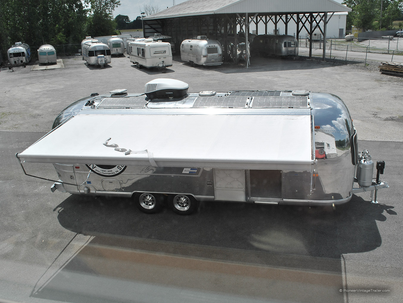 awning on Airstream coffee trailer