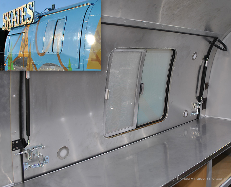 Airstream serving hatch with sliding window