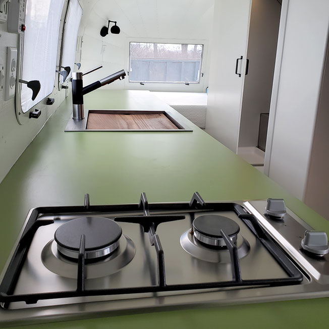 69 Airstream kitchen retro green countertops